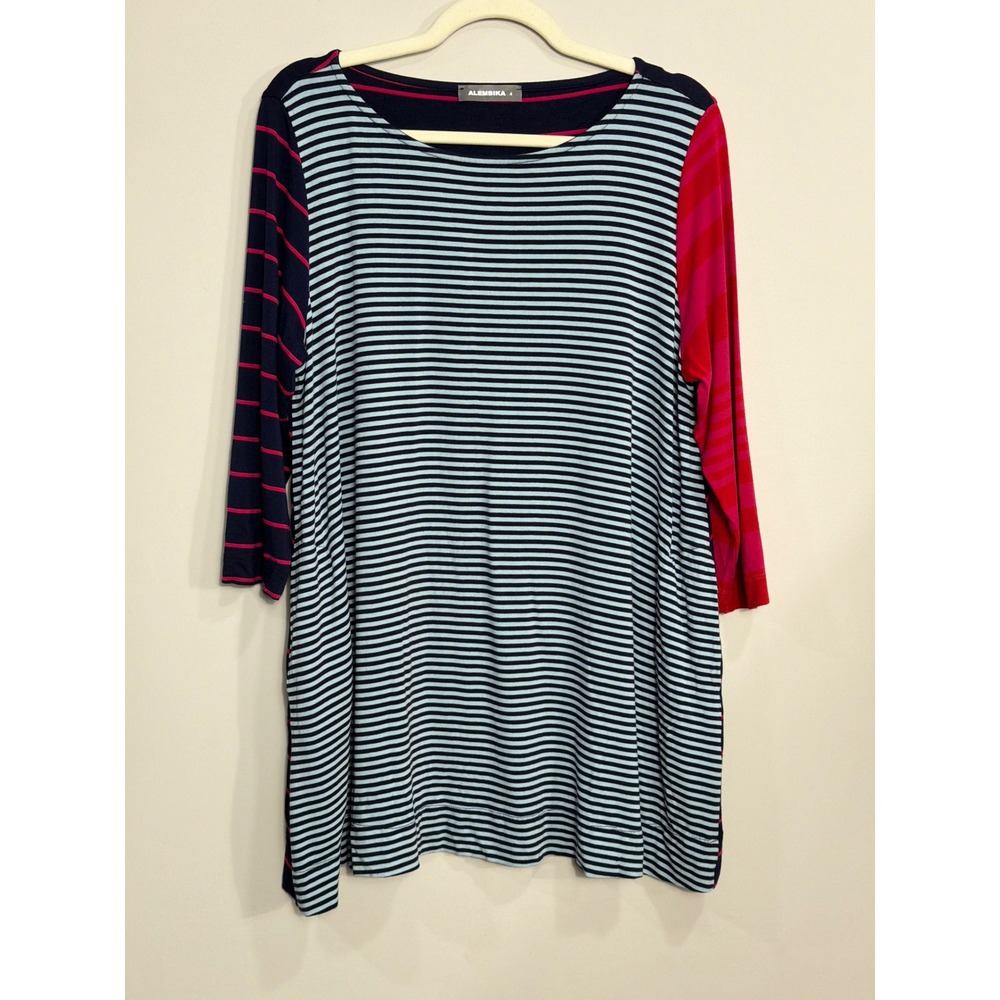 Alembika Striped Tunic Top Mixed Media Lagenlook Navy Pink Size 4 XL Israel